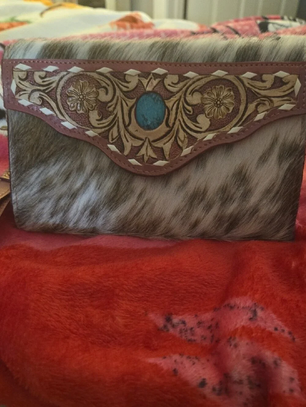 Tooled Leather Real Hair On Hide, Turquoise Accent Wristlet/Wallet/Clutch